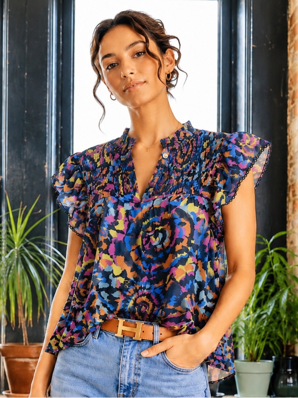 Chufy Northern Lights Floral Smocked Blouse Size Small